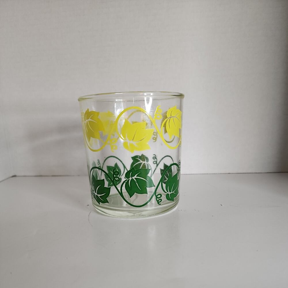 VTG Hazel Atlas Glass Sour Cream 4" Jar Green & Yellow Ivy Vine Wrap Pattern